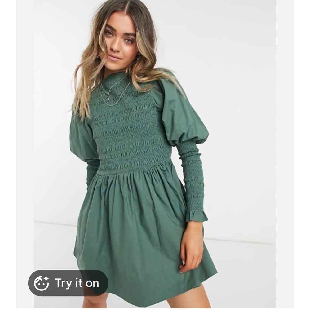 ASOS DESIGN‎ Smocked Mini Dress Size 4 Olive Green Cottagecore Puff Sleeve
